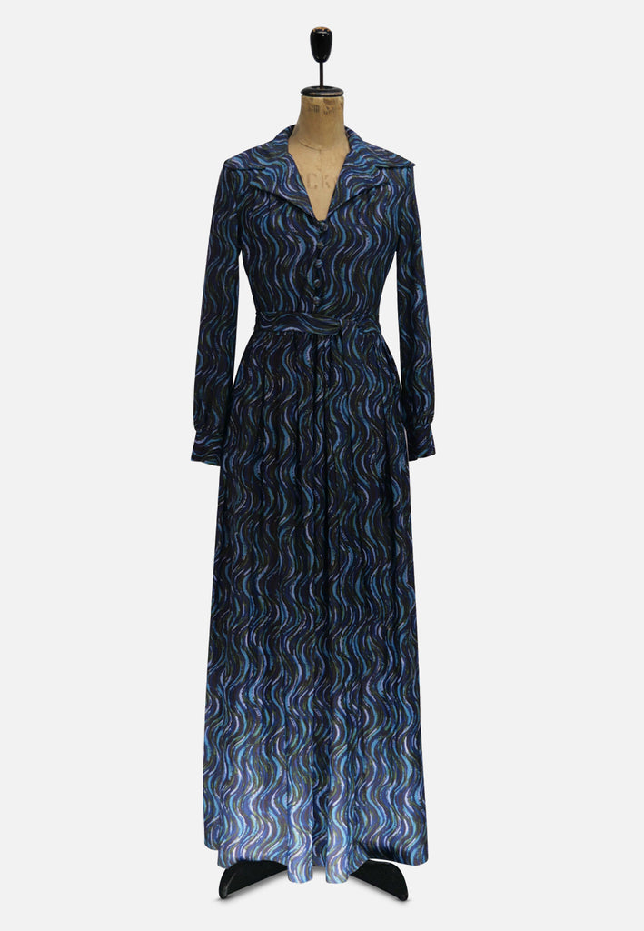 Vintage Clothing - Blue Long Sleeve Wave Print Vintage Maxi Dress - STYLISTS COLLECTION - Painted Bird Vintage Boutique & The Aviary - Dresses