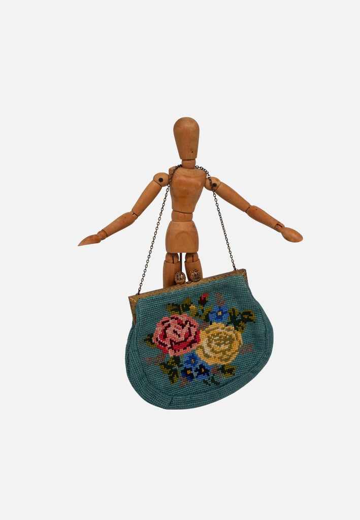 Vintage Clothing - 1950s Teal Floral Petit Point Evening Bag 'VIP' - Painted Bird Vintage Boutique & The Aviary - Dresses