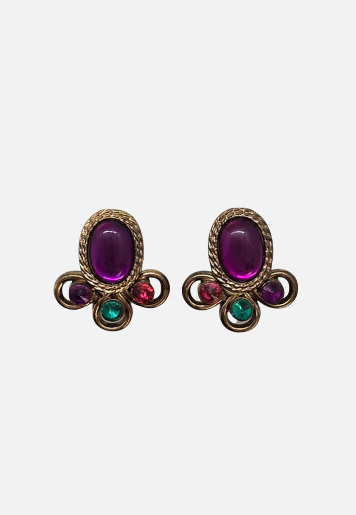1980s Amethyst Cabochon Jewel Tone Clip-On Earrings 'VIP'