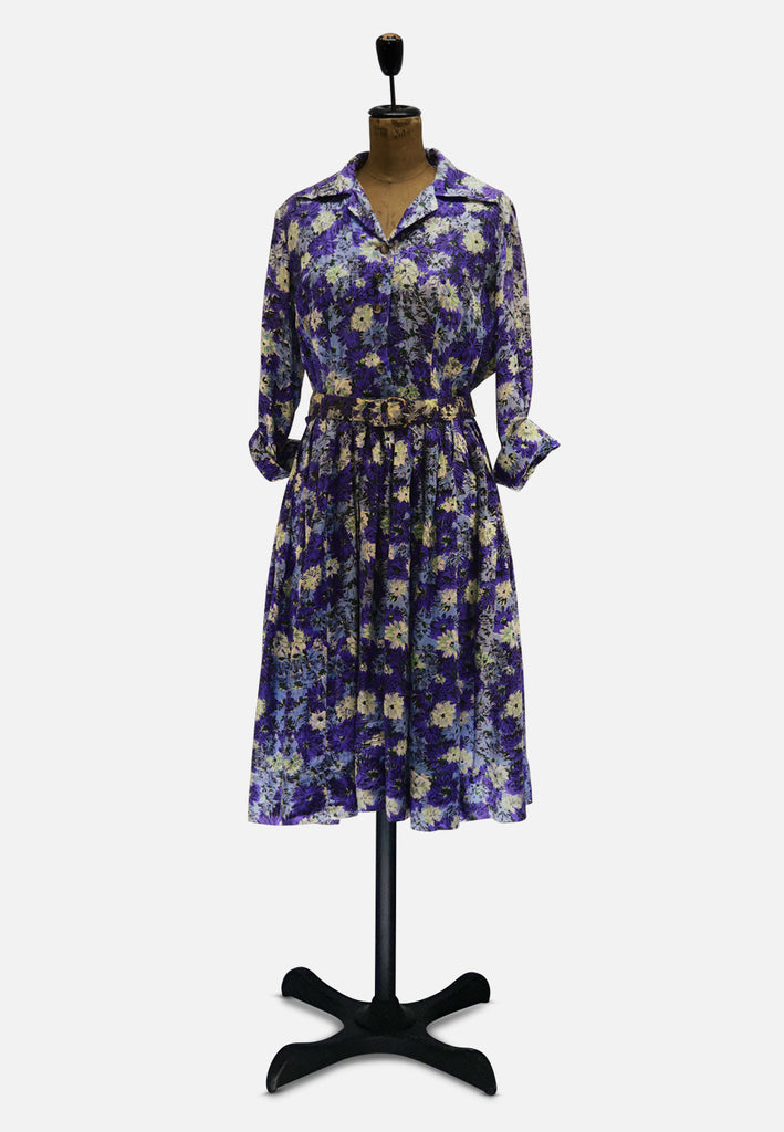 1950s Purple and Cream Daisy Print Silk Shirtwaist Dress 'VIP'