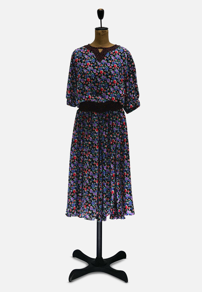 Diane Freis Original 1980s Black Floral Georgette Drop-Waist Midi Dress - DESIGNER 'VIP'