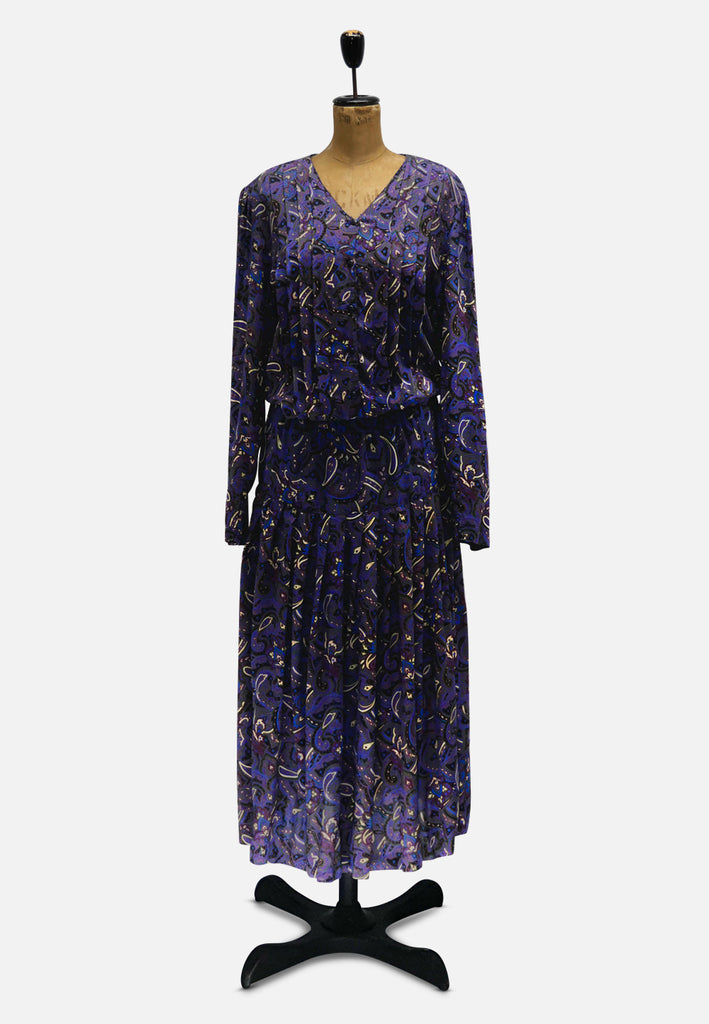 Chow Mein 1980s Royal Blue and Purple Paisley Cotton Drop-Waist Midi Dress 'VIP'