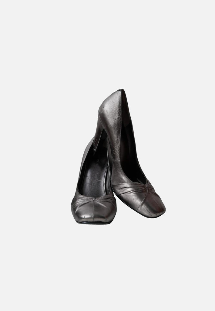 Metallic Pewter Leather Pumps, Ruched Toe Tapered Heel