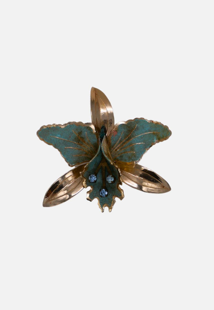 Vintage Clothing - Teal Orchid Flower Brooch with Blue Rhinestones | Gold-Tone Floral Pin | Vintage - Painted Bird Vintage Boutique & The Aviary - Brooch