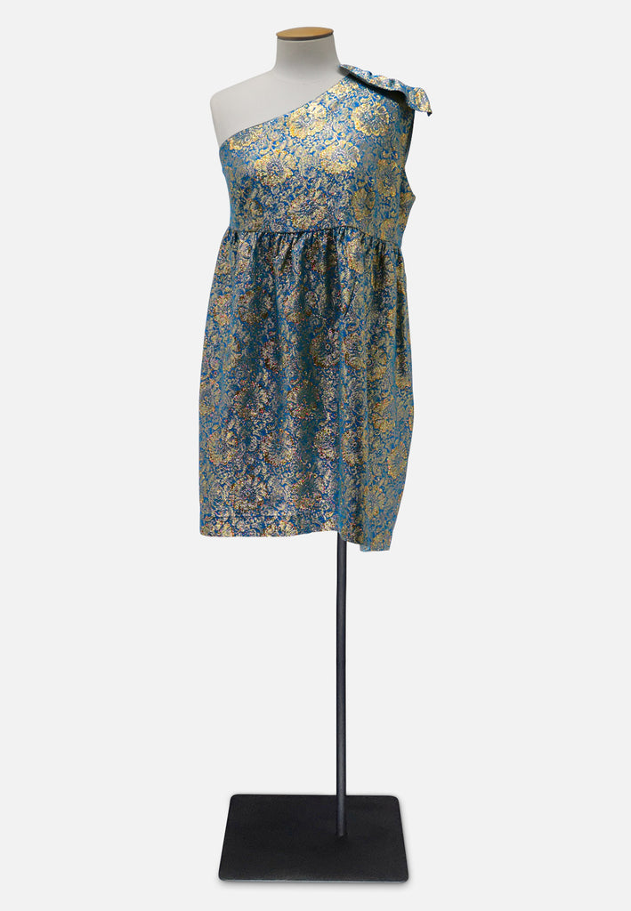 Vintage Clothing - Teal and Gold One-Shoulder Lurex Vintage Brocade Cocktail Dress with Draped Sleeve Panel - Painted Bird Vintage Boutique & The Aviary - Dresses