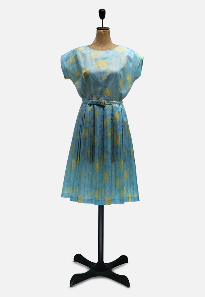 Vintage Clothing - Betty Stewart Originals NZ Floral Pleated Dress in Aqua Blue - Painted Bird Vintage Boutique & The Aviary - Dresses