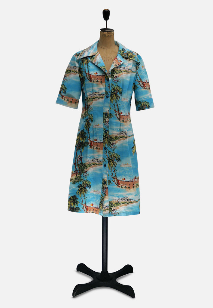 Tropical Vintage Scenic Print Cotton Button-Front Dress