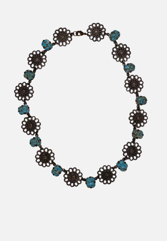 Vintage Clothing - Faux Turquoise Filigree Floral Necklace 'VIP' - Painted Bird Vintage Boutique & The Aviary - Necklace