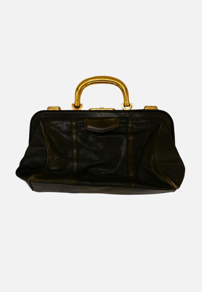 Vintage Clothing - Vintage Green Leather Doctor’s Bag Handbag with Brass Frame Handle 'VIP' - Painted Bird Vintage Boutique & The Aviary - Handbag
