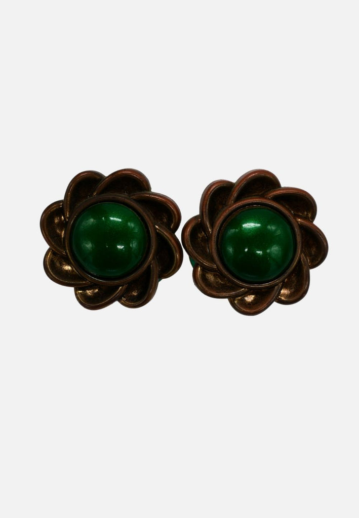 Vintage Clothing - Green Resin Cabochon Flower Clip-On Vintage Earrings 'VIP' - Painted Bird Vintage Boutique & The Aviary - Earrings
