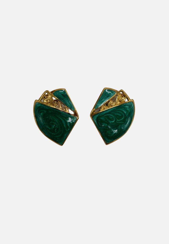 Vintage Clothing - Vintage Green Marbled Fan Clip-On Earrings 'VIP' - Painted Bird Vintage Boutique & The Aviary - Earrings