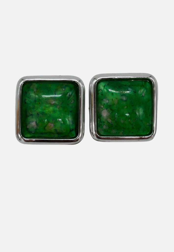 Vintage Clothing - Vintage Green Marble Square Clip-On Earrings 'VIP' - Painted Bird Vintage Boutique & The Aviary - Earrings