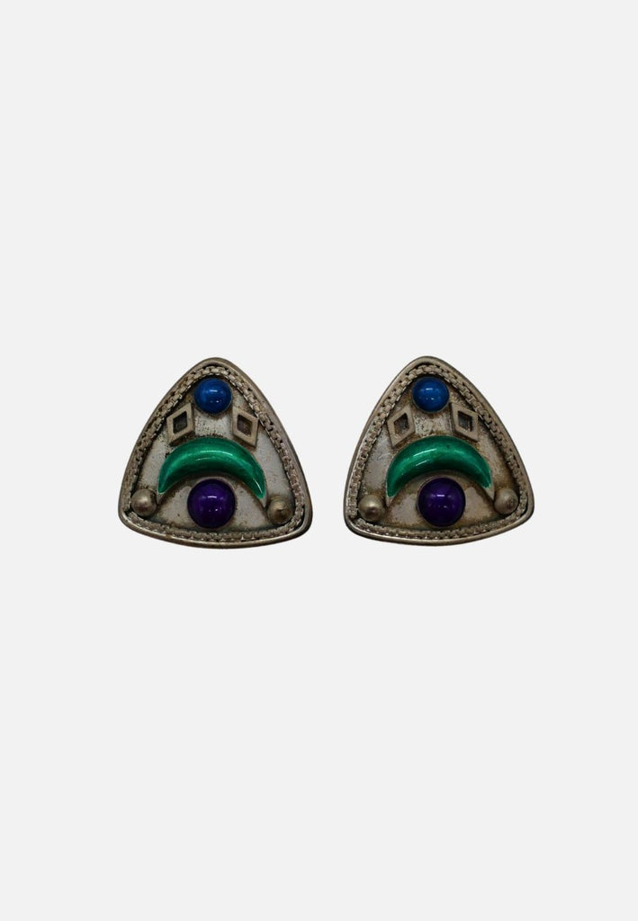 Vintage Clothing - Vintage Triangular Boho Clip On Earrings in Faux Turquoise, Blue & Purple 'VIP' - Painted Bird Vintage Boutique & The Aviary - Earrings