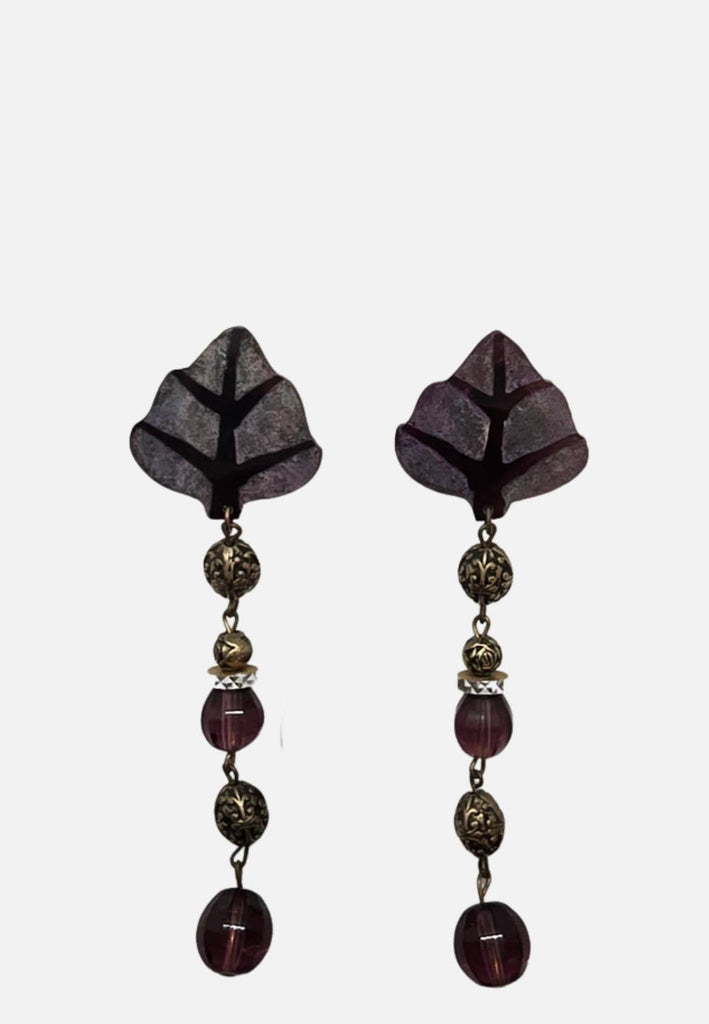 1980s Amethyst Glass Leaf Drop Clip-On Earrings 'VIP'