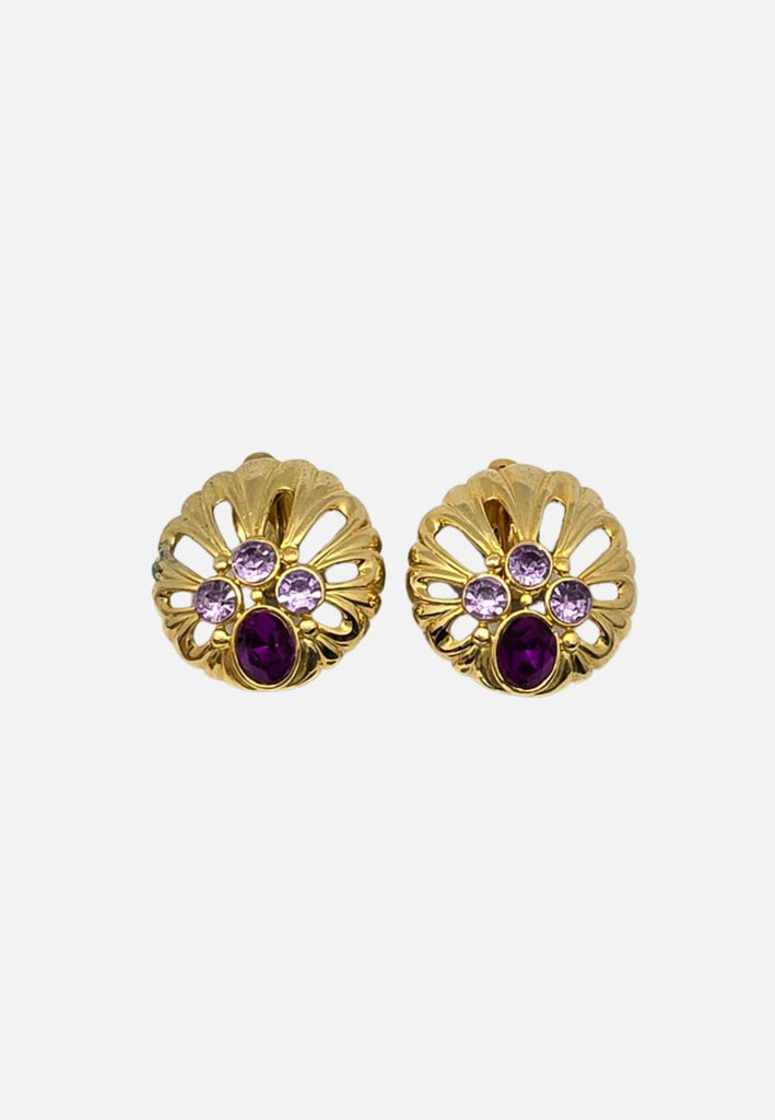 1980s Amethyst Diamanté Shell Clip-On Earrings 'VIP'