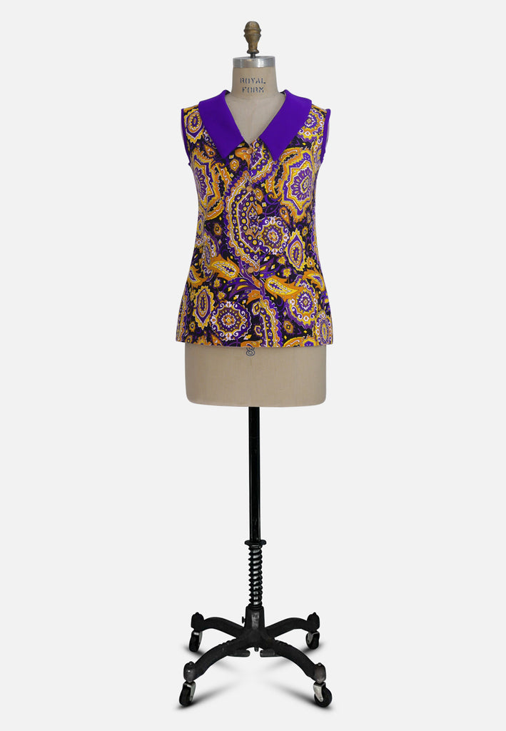 1960s Italian Paisley Power: Purple, Gold & Black Cotton Sleeveless Blouse 'VIP'