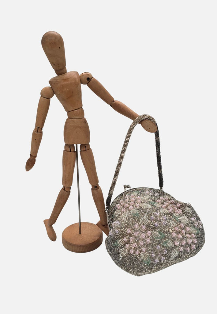Vintage 50s Silver Pink Floral Beaded Handbag - VIP'