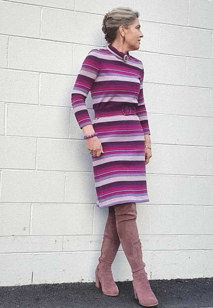 1970s Purple Berry Stripe Knit Polo Neck Midi Dress with Belt