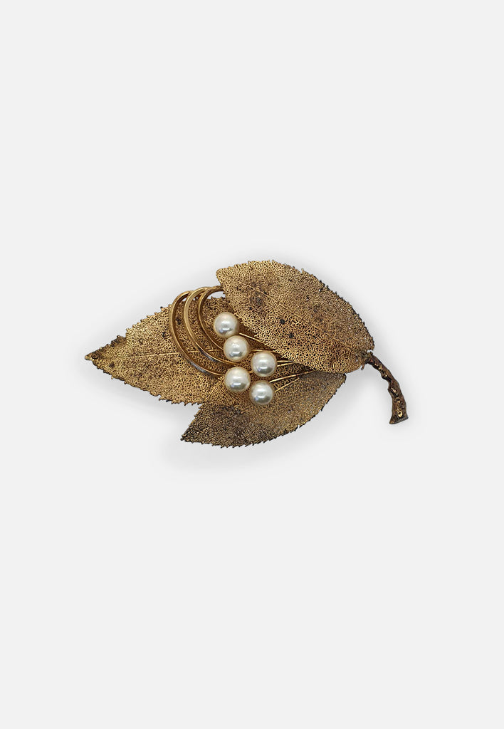 Vintage Clothing - Filigree Leaf and pearl brooch - Painted Bird Vintage Boutique & The Aviary