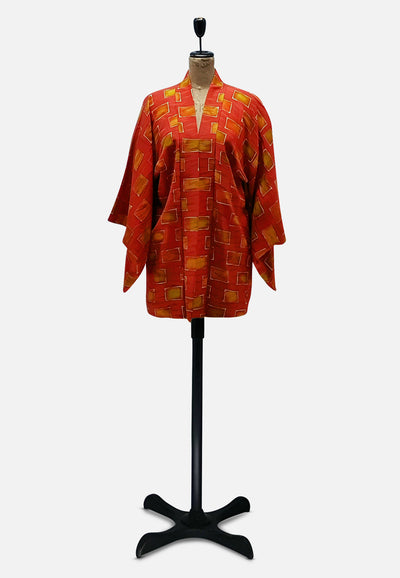 Vintage Clothing - Orange Geometric Japanese Silk Kimono - Painted Bird Vintage Boutique & The Aviary - Kimono