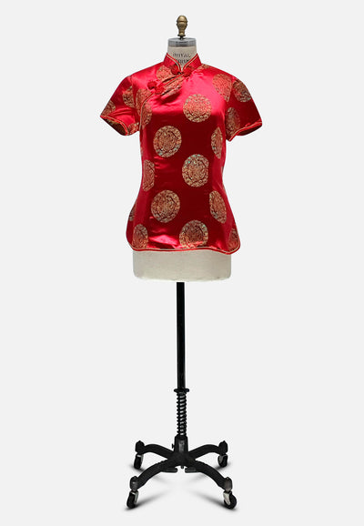 Vintage Clothing - Red Round Chinoiseries - Painted Bird Vintage Boutique & The Aviary - Blouse