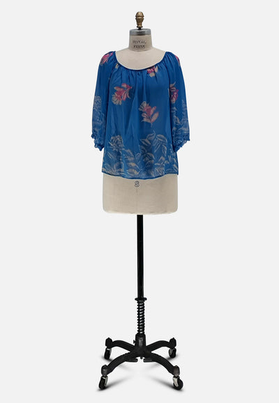 Vintage Clothing - Blue Floral Silk Blouse - Painted Bird Vintage Boutique & The Aviary - Blouse